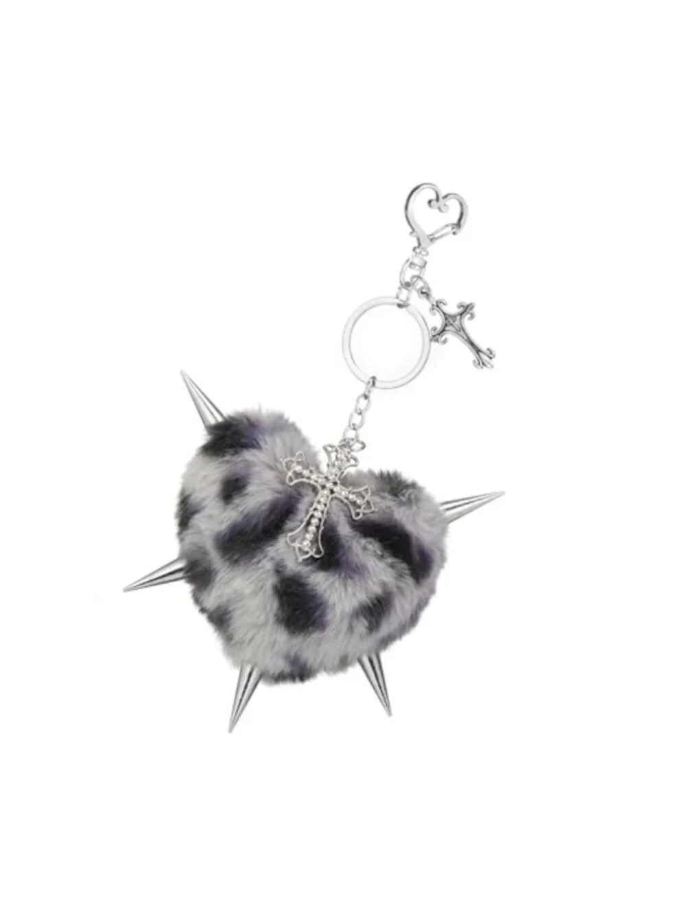 Gothic Punk Plush Heart Keychain with Cross Charm Lobster Clasp Faux Fur